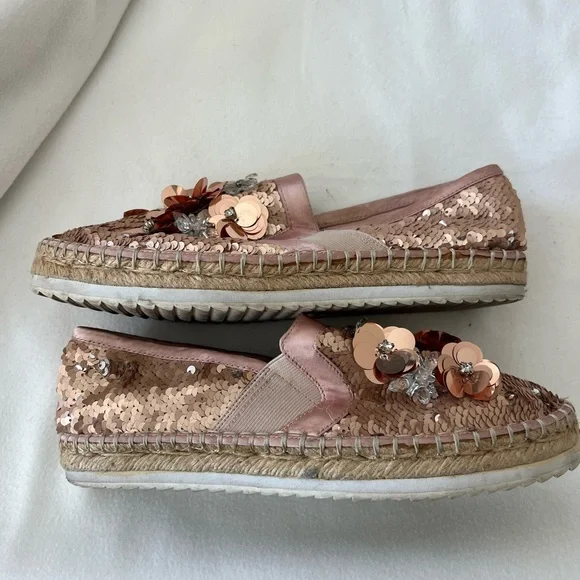 Dune London Pink and Gold Espadrille Flats with Sequined Floral Design - Picture 5 of 8
